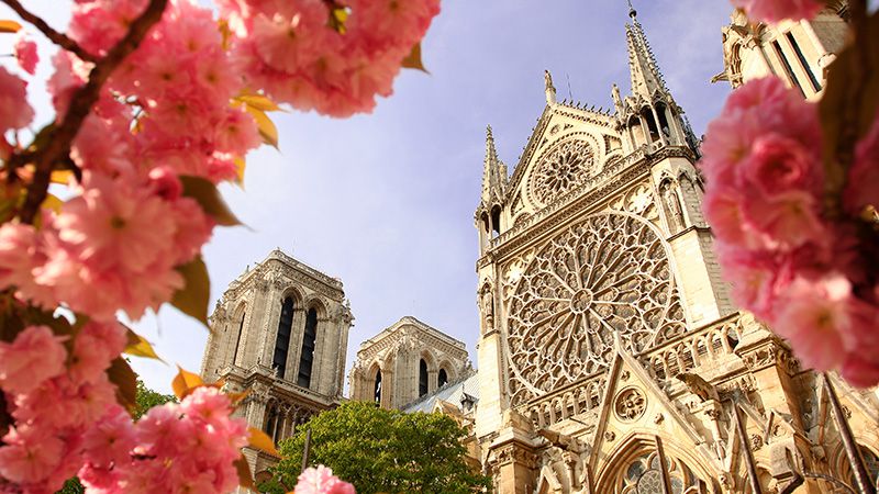 Underbild av kyrkan Notre Dame i Paris, Frankrike. 